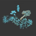 Various Forms of Trees Including Withered Orange Leaf and Blue Plants on Dark Background
