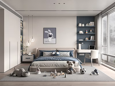 Minimalist Kids Room Interior With Blue Bed Stuffed Toys Bookshelf Desk And Rabbit Art 3d model