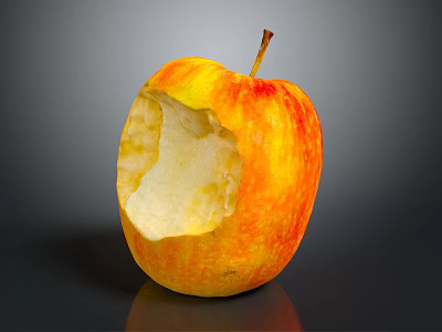 Bitten Ripe Apple Showing Juicy Flesh with Orange Red Skin on Dark Reflective Background 3d model