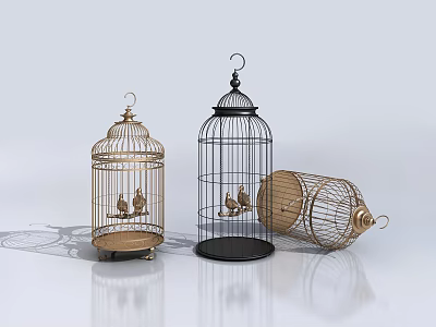 Vintage Birdcages Decorative Ornament Set with Gold Black Design for Home Decor 3d model