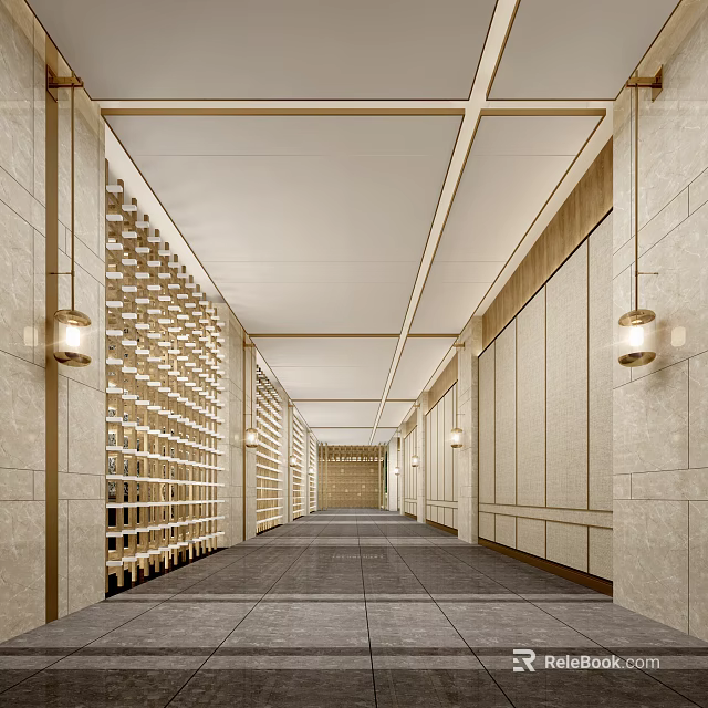Hotel Corridor With Beige Walls Wooden Accents Lattice Screens And Recessed Lighting 3d model 