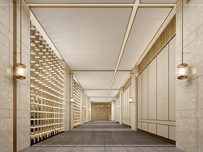 Hotel Corridor With Beige Walls Wooden Accents Lattice Screens And Recessed Lighting 3d model