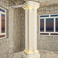 White Decorative Column With Illuminated Base In Rough Wall Room With Sunset Windows 3d model