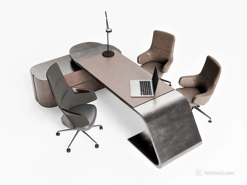 Modern Office Desk Workspace Design With Curved Surface Laptop Microphone And Comfortable Chairs 3d model 