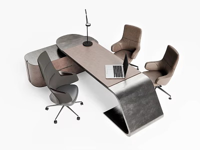 Modern Office Desk Workspace Design With Curved Surface Laptop Microphone And Comfortable Chairs 3d model
