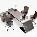 Modern Office Desk Workspace Design With Curved Surface Laptop Microphone And Comfortable Chairs