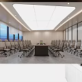 Modern Conference Room Interior With Long Table Multiple Chairs Large Screen Windows And Plants 3d model