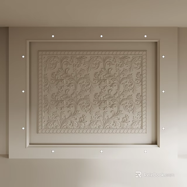 Ornate Ceiling Design With Carved Square Frame And Recessed Lights 3d model 