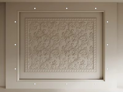 Ornate Ceiling Design With Carved Square Frame And Recessed Lights 3d model