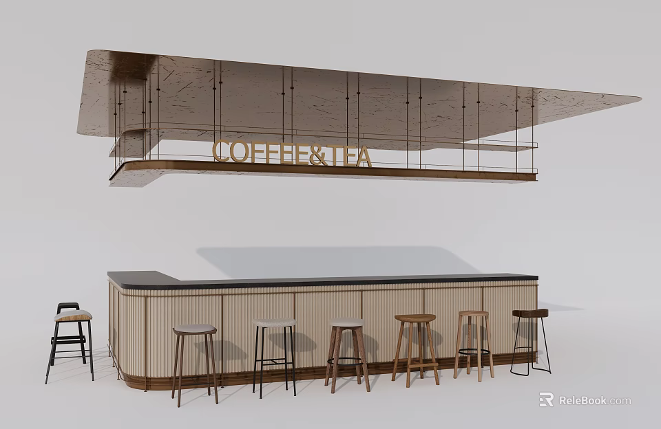 Modern Hotel Public Lounge Area With Coffee Tea Bar And High Stools Arrangement 3d model 