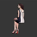 Sitting Woman In Black And White Sleeveless Dress With Red High Heels On Gray Background