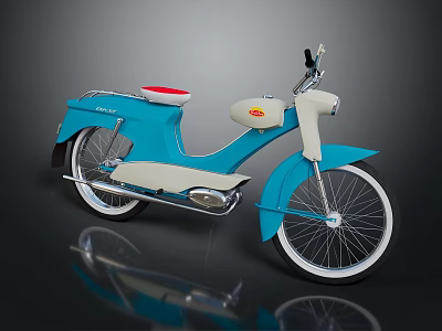 Vintage Blue And White Motorcycle With Red Seat Classic Body Design And Shiny Wheels 3d model