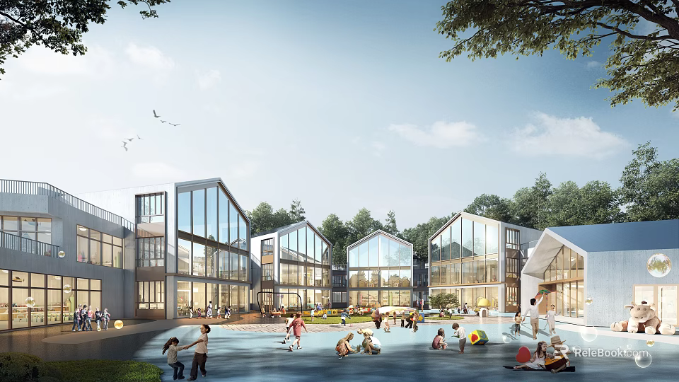 Modern School Building Complex With Glass Facades Outdoor Play Areas And Green Surroundings For Students 3d model 