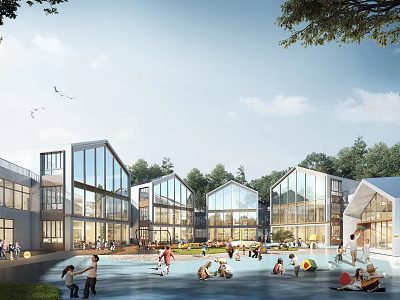 Modern School Building Complex With Glass Facades Outdoor Play Areas And Green Surroundings For Students 3d model