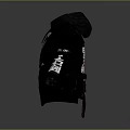 Black Hooded Jacket With White Text Red Patch And Zipper Design