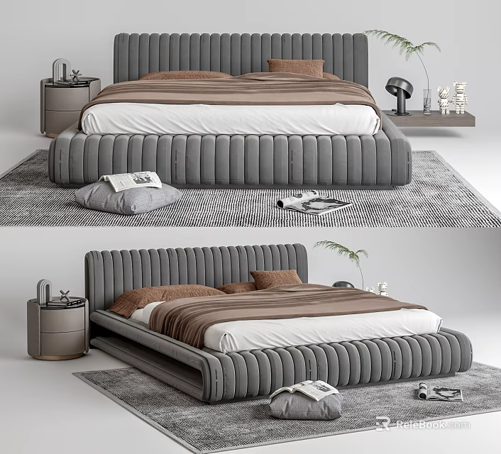 Modern Plush Gray Double Bed With Upholstered Headboard Platform Frame And Side Table 3d model