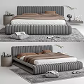 Modern Plush Gray Double Bed With Upholstered Headboard Platform Frame And Side Table 3d model