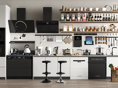 Modern Kitchen Interior With Black And White Cabinets Appliances Bar Stools And Spices 3d model