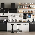 Modern Kitchen Interior With Black And White Cabinets Appliances Bar Stools And Spices