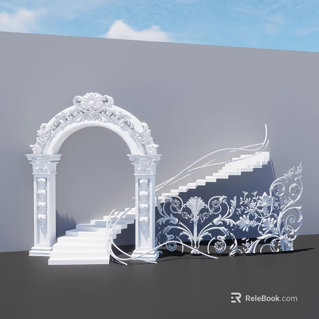 Ornate White Archway Photo Spot with Staircase and Decorative Patterns 3d model 