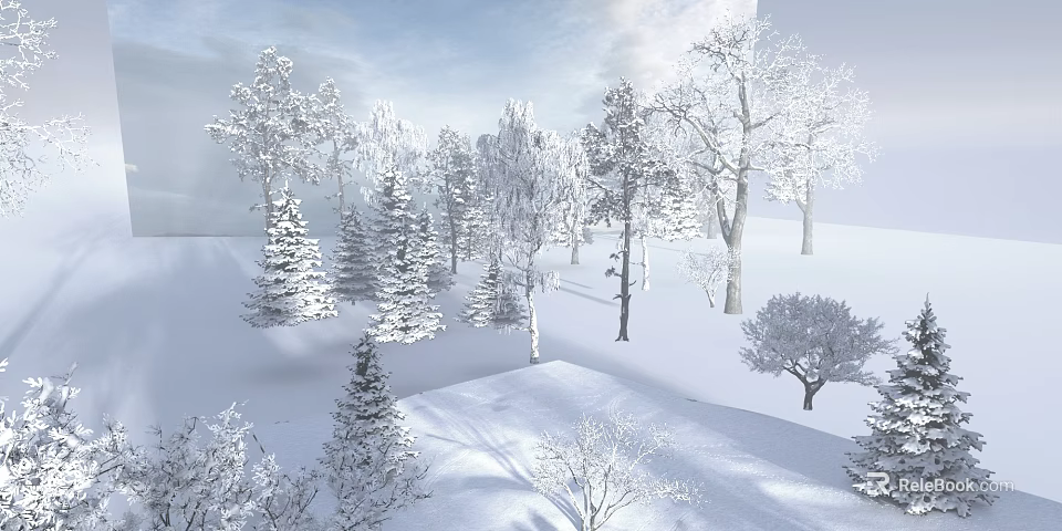 Snowy Winter Landscape With Trees Covered In Snow And Sunlight Shadows 3d model 