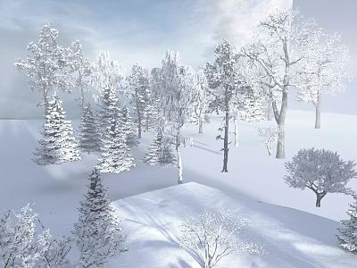 Snowy Winter Landscape With Trees Covered In Snow And Sunlight Shadows 3d model