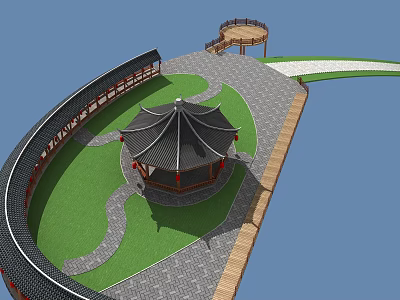Traditional Chinese Garden Featuring Curved Roof Pavilion Winding Path Green Lawn and Wooden Fence 3d model