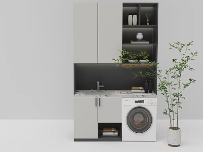 Modern Bathroom Cabinet Rack With Sink Washing Machine Storage And Green Plant 3d model