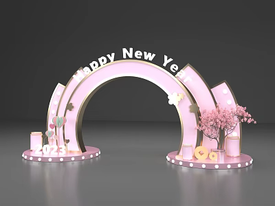 Pink Happy New Year Event Archway with Butterflies Cherry Blossom Tree and Ornaments 3d model
