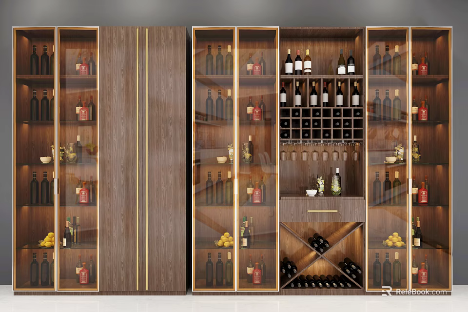 Luxury Wooden Wine Cabinet With Multiple Shelves And Wine Glass Storage 3d model 