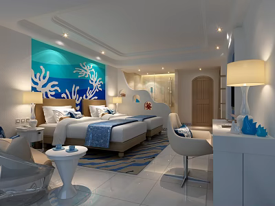 Hotel Guest Room With Blue Ocean Themed Mural Two Beds And Modern Furniture 3d model