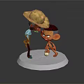 Cartoon Characters With Straw Hat And Small Figure Standing On White Base