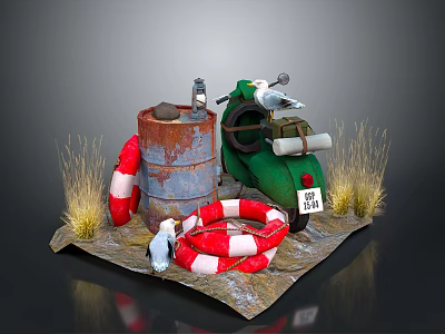 3D Scene Featuring Green Scooter Rusty Oil Drum Red White Lifebuoy Grass And Penguin 3d model