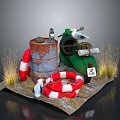 3D Scene Featuring Green Scooter Rusty Oil Drum Red White Lifebuoy Grass And Penguin