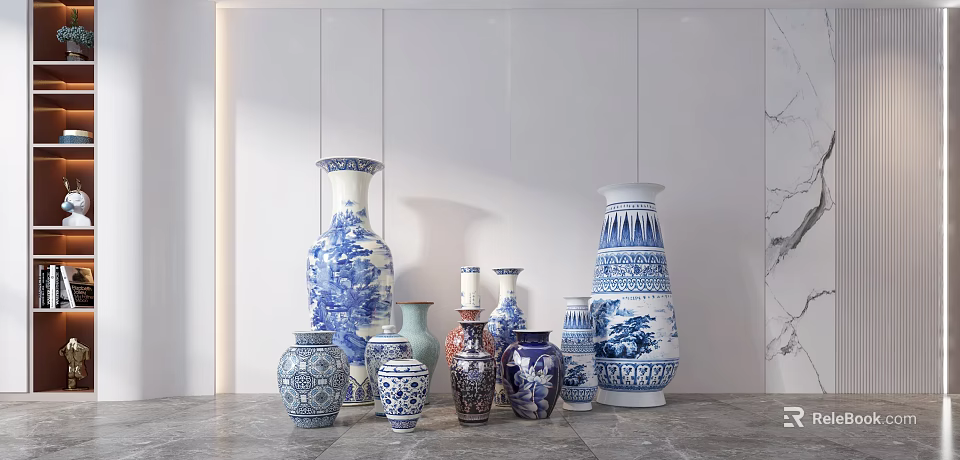 Blue And White Ceramic Vases With Traditional Patterns Displayed On Gray Marble Countertop 3d model 