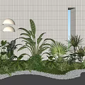 Tropical Green Plants Arrangement With White Tiled Wall Wall Lamp And Pebbles Grass