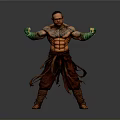 Muscular Man With Tattoos Wearing Green Gloves And Brown Traditional Outfit In Fighting Stance
