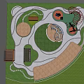 Scenic Park Landscape With Winding Pathways Green Lawns Trees And Umbrella Seating Areas