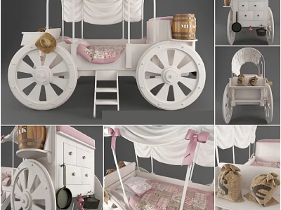 White Kids Carriage Shaped Bed With Canopy Pink Bedding And Ladder 3d model