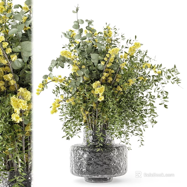 Decorative Silver Textured Vase With Yellow Flowers And Green Leaves Floral Arrangement 3d model 