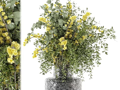 Decorative Silver Textured Vase With Yellow Flowers And Green Leaves Floral Arrangement 3d model