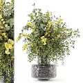 Decorative Silver Textured Vase With Yellow Flowers And Green Leaves Floral Arrangement