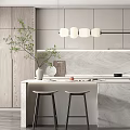 Modern Open Concept Kitchen Interior With Marble Island Hanging Lights And Wooden Cabinets