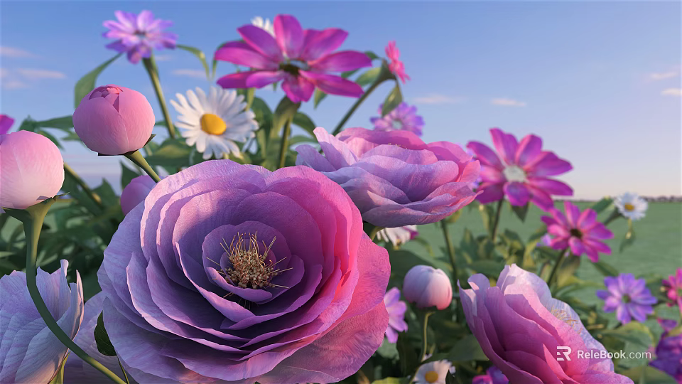 Beautiful Garden Flowers Featuring Pink Roses Purple Blooms And White Daisies 3d model 