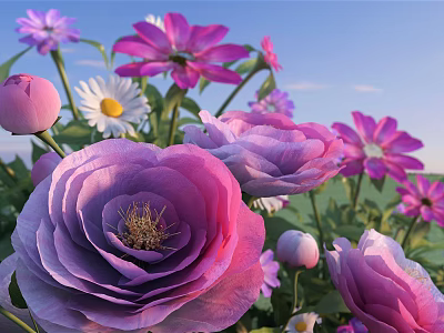 Beautiful Garden Flowers Featuring Pink Roses Purple Blooms And White Daisies 3d model