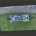 Modern Pontoon Boat With Blue Seats And Trailer Parked On Green Grass