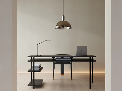 Modern Desk Setup With Laptop Desk Lamp Pendant Light And Wooden Floor 3d model