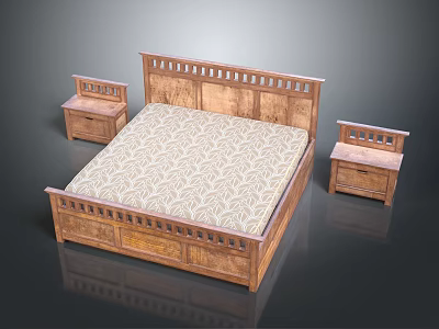 Wooden Double Bed With Carved Headboard Footboard And Patterned Mattress Plus Bedside Tables 3d model