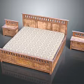 Wooden Double Bed With Carved Headboard Footboard And Patterned Mattress Plus Bedside Tables