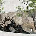 Landscape Feature Wall with Natural Stone Mountain Patterns and Green Foliage 3d model